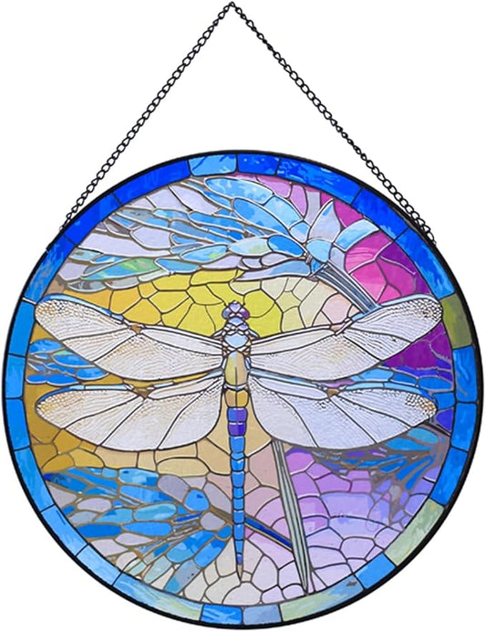 Hanging Stained Glass for Windows,20cm/7.87inch Dragonfly Hand-Painted Sun Catcher Garden Hangings Christmas Mother's Day, Valentine's Day Ornaments Festival Gift (B Style)
