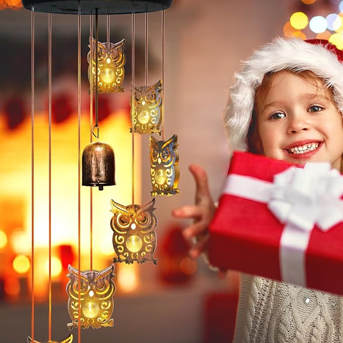 8 LED Solar Upgrade Owl Wind Chimes Outdoor,Mom Gifts for Mothers Day Grandma Wife Gift Solar Owl Wind Chimes for Outside,Hanging Lights Warm LED,Outdoor Owl Decor Christmas