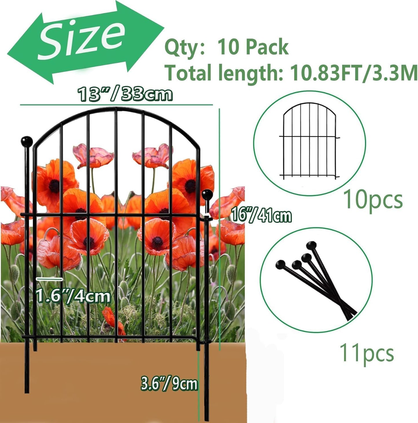 Decorative Garden Fence 21in x10.8ft, 10 Pack Rustproof Metal No Dig Fence Animal Barrier for Dog, Arched Flower Bed Edging Ornamental Wire Border Panel Fencing (Arch)