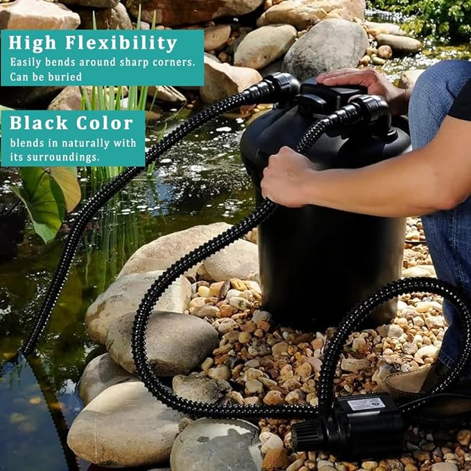 Pond Hose ID 1/2” × 25ft Black Corrugated Flexible Reinforced PVC Hose Vinyl Tubing for Pond Pump Fountain Garden Waterfall, Non-toxic & Kinkproof, with 2 clamps