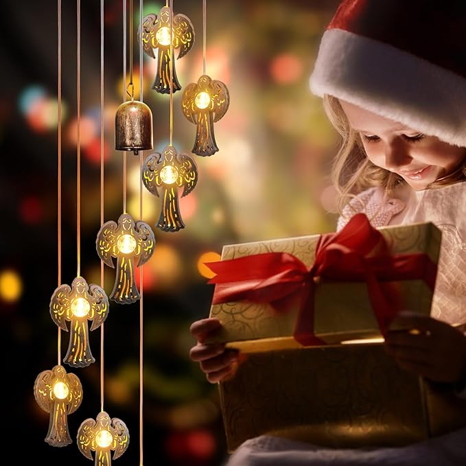Solar Angel Wind Chimes Outdoor,Solar 8 LED Angel Wind Chimes for Outside,Hanging Lights Warm LED,Outdoor Angel Decor,Angel Gifts for Wife Mother Grandmom Christmas