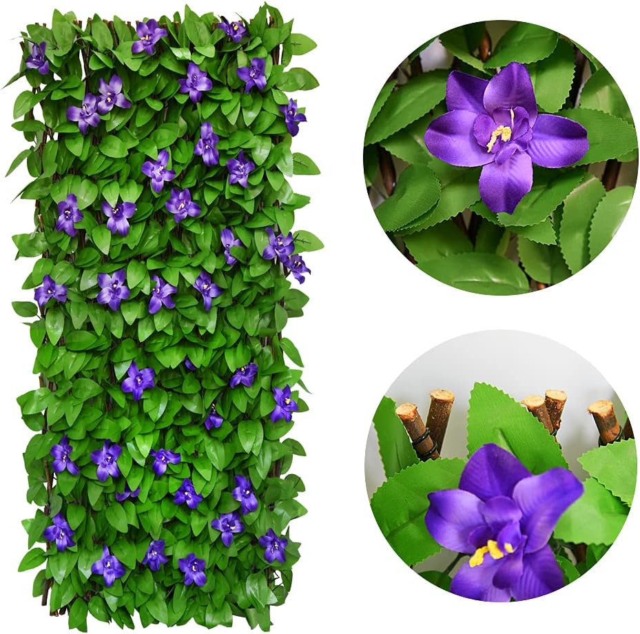Expandable Fence Privacy Screen for Balcony Patio Outdoor,Decorative Faux Ivy Fencing Panel,Artificial Hedges (2, Purple Flower)