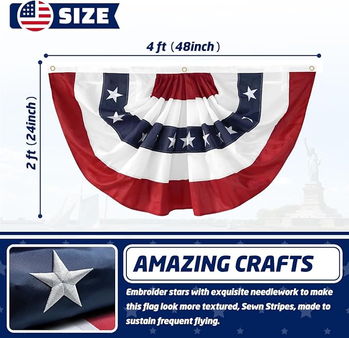 2x4 Ft American Pleated Fan Flag USA Bunting 4th of July Flags Decor Outside Porch Garden Banner Embroidered Patriotic Stars & Sewn Stripes Canvas Header Brass Grommets