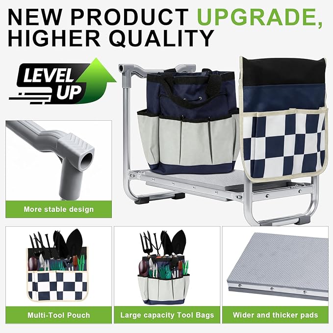 Garden Kneeler and Seat, Wider Thicker Kneeling Pad, Heavy Duty Garden Stool Includes Gardening Tools Pouch and Bag, Convertible Garden Bench Kneeling Chair/Gifts for Parents Women Seniors