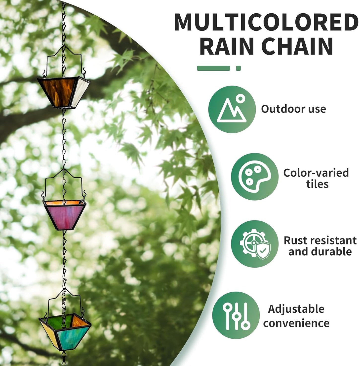 Rain Chain Set 8.5FT,Handmade Pure Copper Inlaid Stained Glass Vintage Style, Rain Chains for Drains to Divert Water & Home Display, Garden Decoration (Mutil col)