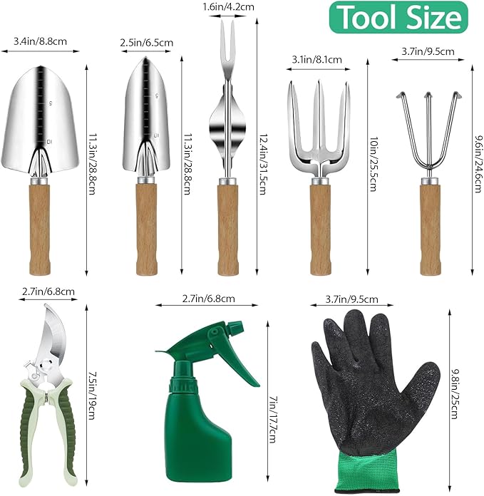 LeMotech Garden Tool Set,10 Pieces Heavy Duty Gardenting Tool Kit, Folding Stool with Detachable Tote Bag, Thicker Stainless Steel Tools (Trans-Planter,Trowel,Weeder etc.) for Women Men