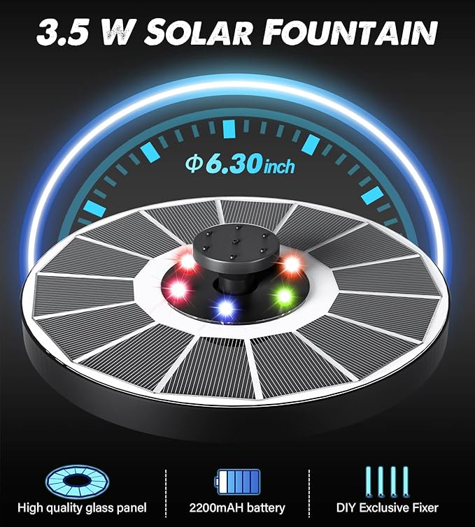 Solar Fountain Glass Panel with 2200 mah Battery, 3.5W Floating Solar Water Fountain with 4 Fixed Rods, Solar Fountain Pump for Bird Bath, Garden, Pond, Pool, Outdoor-Colorful Lights
