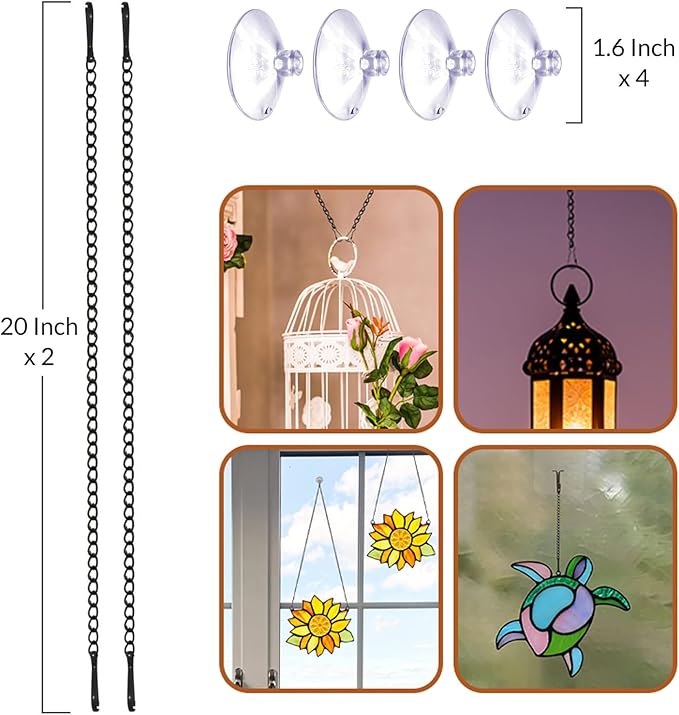 4 Pcs 20 Inch Stained Glass Window Hanging Chain with Suction Cup Hooks, Picture Hanging Chain Sunshine Catcher Black Metal Nickel Plating Stained Glass Window Panels Chains