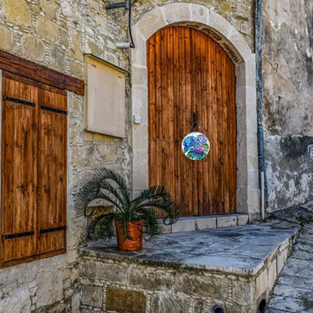 Handmade Hydrangea Flower Stained Glass Suncatcher - Vibrant Window Décor for Home/Garden,Gift-Ready Sun Catcher Art with Hook (Blue, 7.8 * 7.8IN)