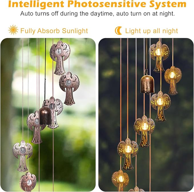 Solar Angel Wind Chimes Outdoor,Solar 8 LED Angel Wind Chimes for Outside,Hanging Lights Warm LED,Outdoor Angel Decor,Angel Gifts for Wife Mother Grandmom Christmas