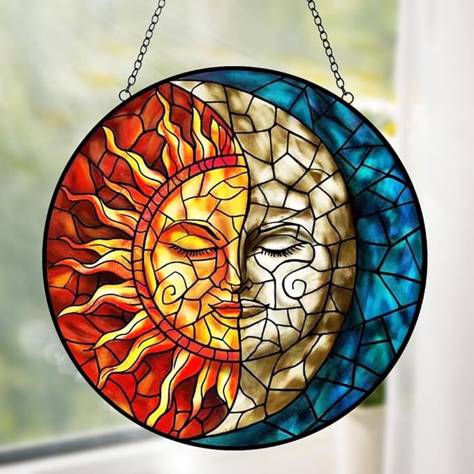 Sun and Moon Suncatcher Stained Glass Window Hanging - Handmade Stain Glass Suncatchers with Chain - Sun Catchers Indoor Window Glass Panel for Home Decor Garden Thanksgiving Valentines Day Gifts