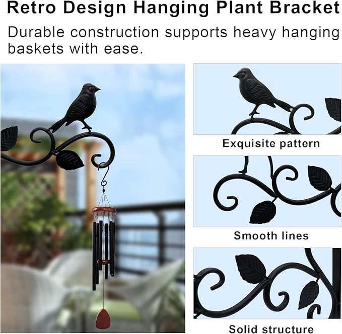 Hanging Plants Bracket 12" Bird Planter Outdoor Hooks Hangers for Flower Baskets Pot Bird Feeder Wind Chimes Lanterns Patio Garden Outdoor Indoor Metal Black, 2 Pack