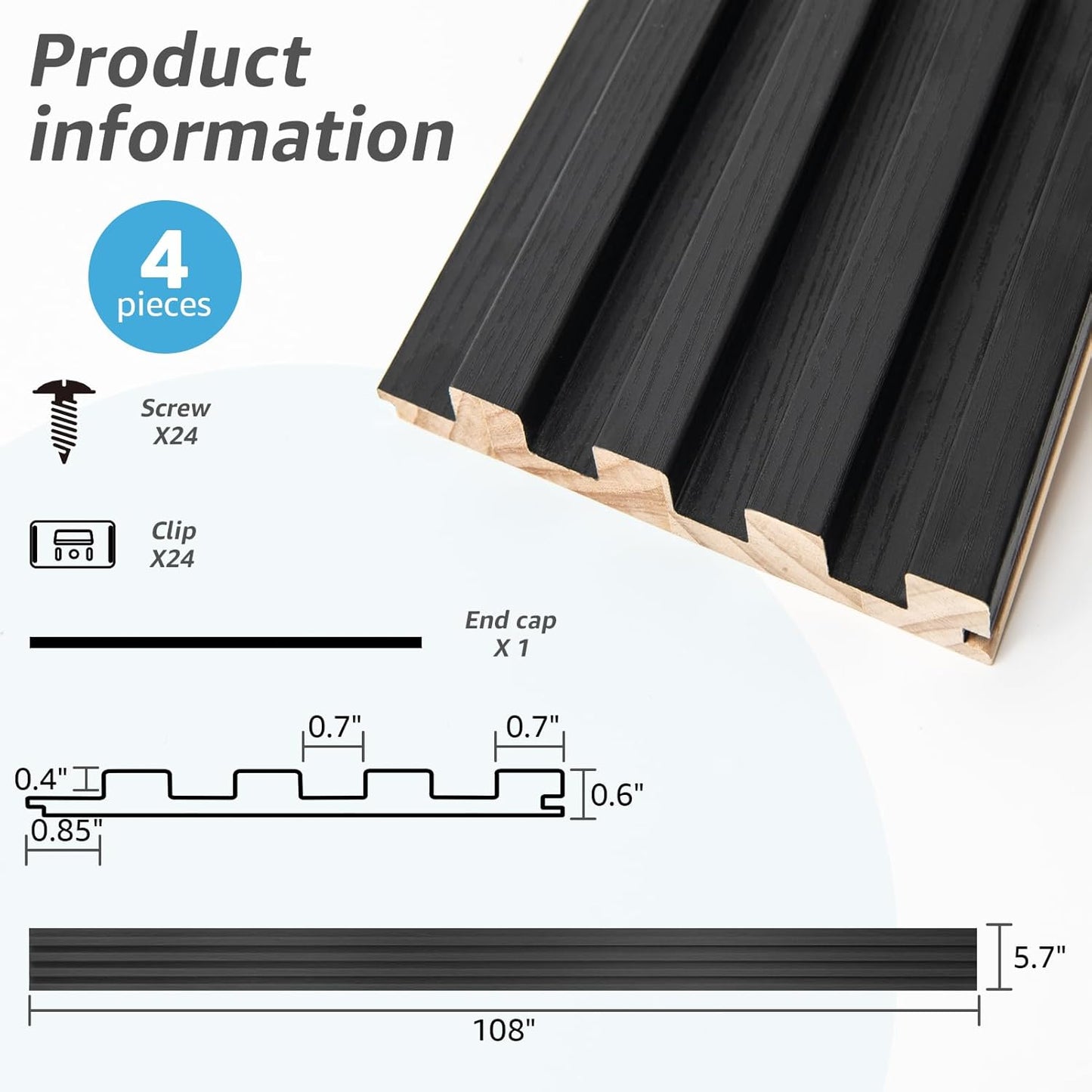 Art3d Slat Wood Wall Paneling for Interior and Ceiling Decoration - Pack of 4pcs + 1pc End-Trim, Size 108 x 5.7in.- Black