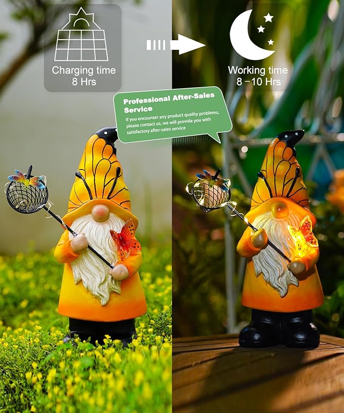 Solar Gnome Statues Outdoor Decor: Garden Figurines Sculpture with Glowing Butterfly and Catching Dragonfly for Yard Porch Patio Balcony - Gifts for Mother Grandma
