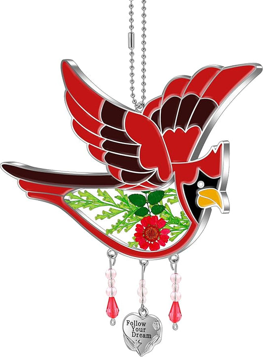 KY&BOSAM Follow Your Dream Cardinal Suncatcher Glass Panels Suncatchers Pressed Real Flower Wings in Glass Suncatchers Birthday Mother`s Day Ornament for Windows with Heart Charm