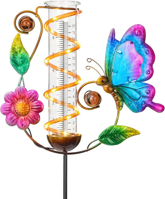 LEWIS&WAYNE 36.3” Butterfly Rain Gauge Outdoor, 7” Glass Tube Solar Powered 10 Warm White LEDs Garden Metal Stakes Decorative Waterproof for Yard Garden Patio Lawn