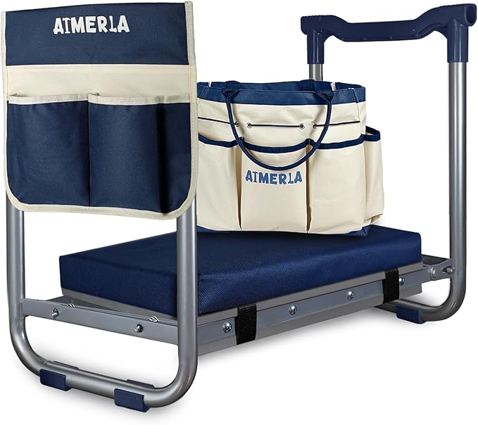 Aimerla K5 Foldable Kneeler Seat - Heavy Duty (Detachable Cloud Kneeler Pad) - Garden Stool - 2 Large Tool Bags - Portable Bench for Indoor & Outdoor