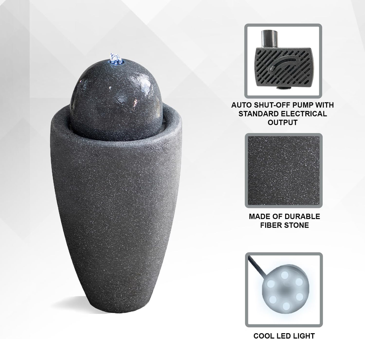 XBrand 25.98" H Round Stone Indoor/Outdoor Modern Stone Textured Sphere Water Fountain w/LED Lights, Gray