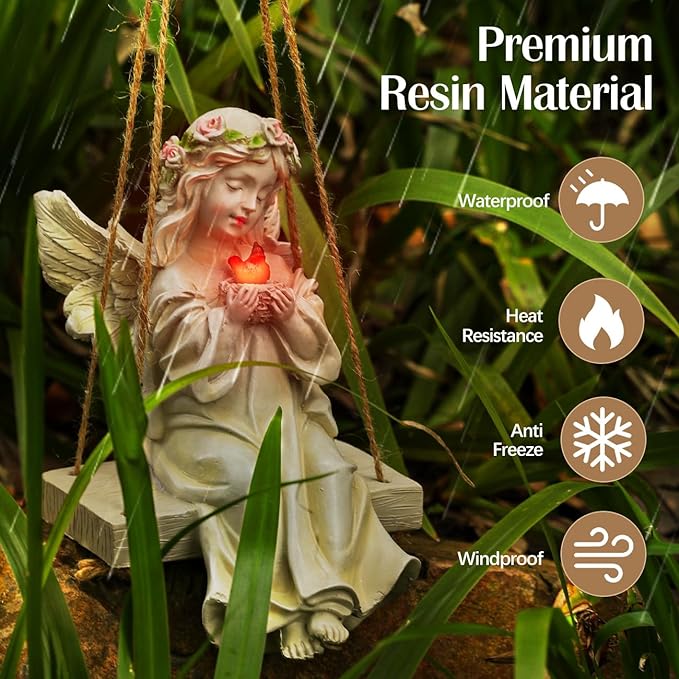Angel Garden Statue,Fairy Solar Garden Decor with Warm Light,Waterproof Angel Statue with Swing & Holding Bird,Outdoor Garden Decor for Lawn Yard Patio Windowsill Garden Gifts, Apricot