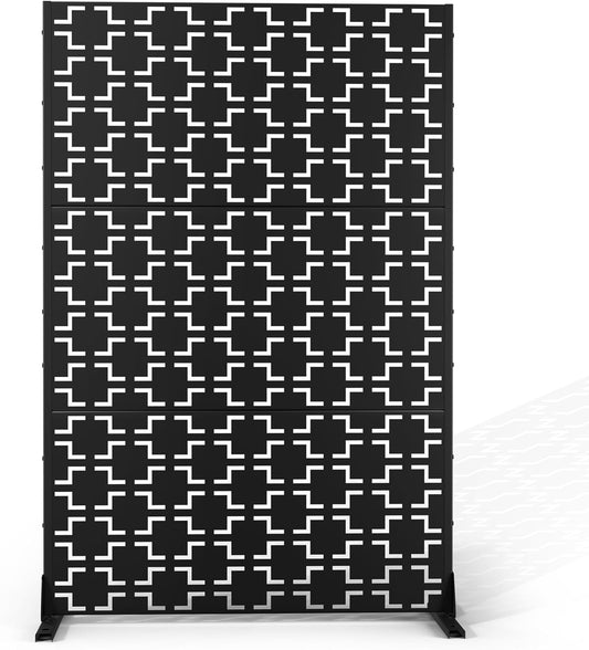 Metal Privacy Screen Outdoor 72" H×47" W,Freestanding Decorative Privacy Screen for Balcony Yard&Garden,Privacy Fence-Black&Square