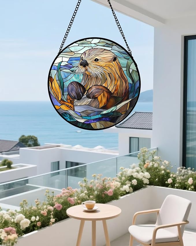 Stained Glass Suncatcher, Blue Ocean Cute Sea Otter Sun Catcher Stain Glass Window Hanging Decoration Mother's Day Birthday Gifts for Women Men Mom Nana 6.3 in