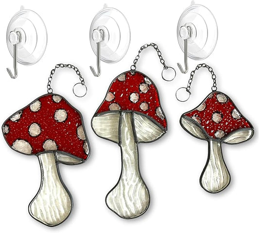 SENSORY4U Fly Agaric Hand-Painted Mushroom Stained Glass Suncatcher 3-Pack - Moon and Toadstool Window Hanging Ornaments - Nature-Inspired Home Décor for Plant and Mushroom Lovers
