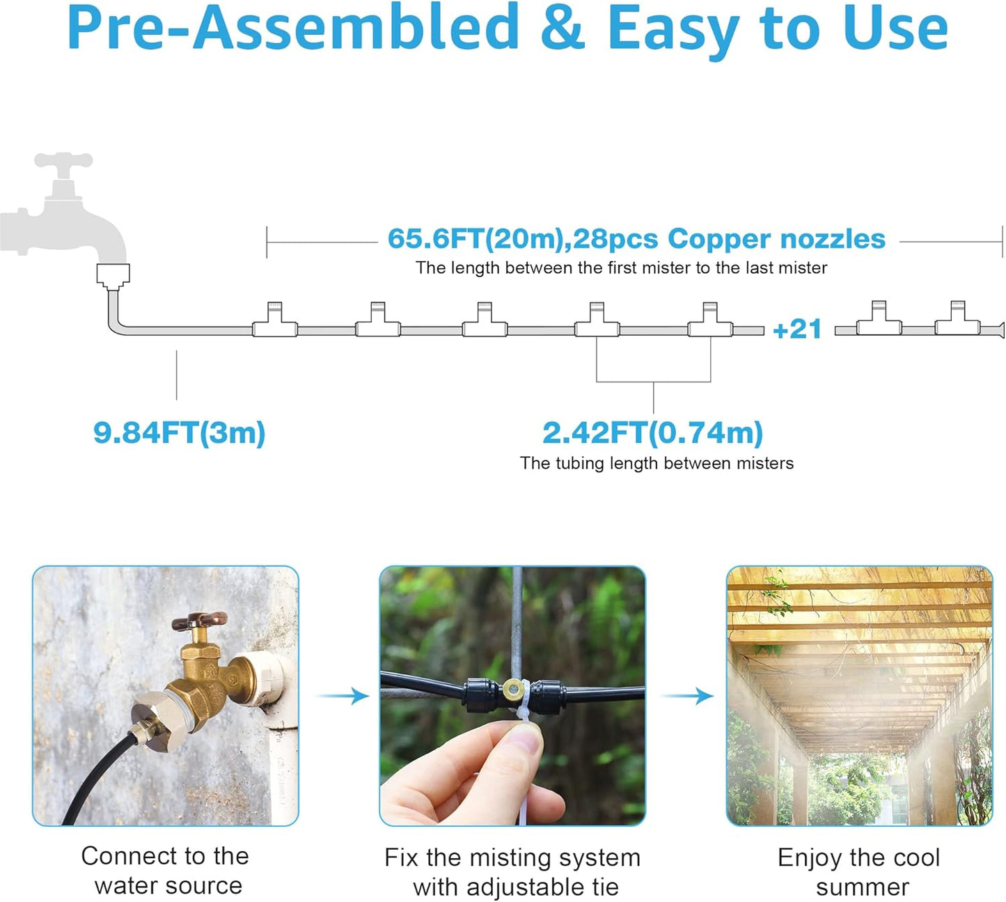 Bonviee Misters for Outside Patio - 75FT Misting Cooling System with 28 Brass Nozzles and 3/4" Adapter, 23M DIY Outdoor Misters Kit for Garden, Greenhouse, and Patio Cooling