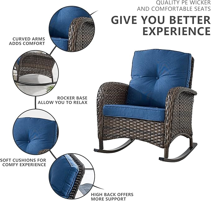 HUMMUH 5 Pieces Wicker Patio Furniture Set,Outdoor Rocker Chairs,Patio Ottomans,Glass Top Side Table,Outdoor Conversation Set for Porch Deck Backyard Poolside