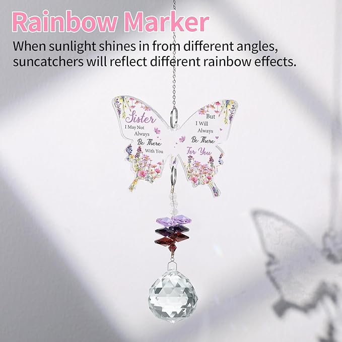 Sister Gifts, Valentines Day Gifts for Sister, Gifts for Sister Crystal Suncatcher, Mother's Day Birthday for Sister, to My Sister Gifts Hanging Butterfly Crystal Suncatcher Ornament