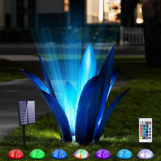 Upgraded Large Metal Yard Art, Metal Agave Plant Yard Decorations Outdoor Sculpture, Metal Flowers for Outside, Waterproof Outdoor Garden Decor (Blue (W/Solar Light))
