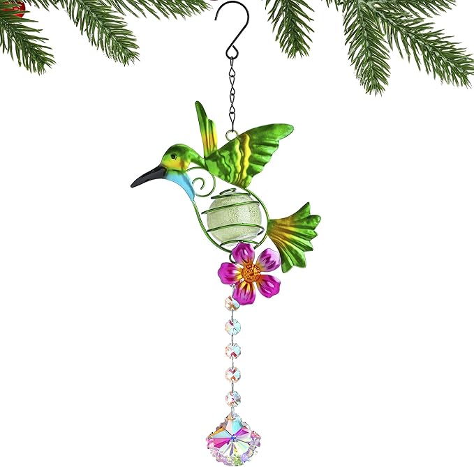 Stained Metal Hummingbird Suncatcher, Window Crystal Prisms Sun Catcher Hanging Ornament Rainbow Maker Bird Garden Wall Art Fence Decorations