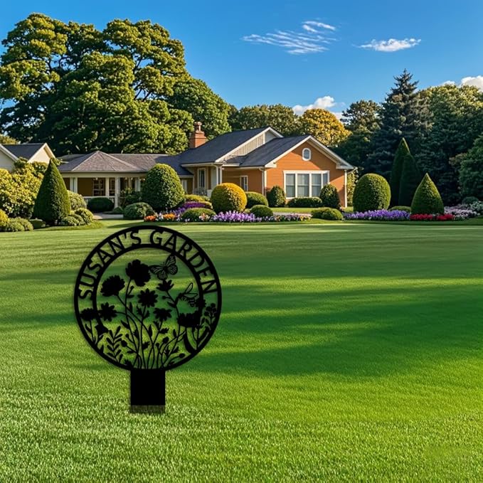 Custom Garden Metal Sign With Stakes, Personalized Metal Garden Name Sign, Garden Flower Sign,Yard Sign, Housewarming Gift, Gifts for Gardeners,Garden Decor name16 24inch