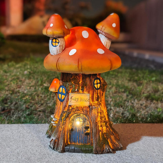 COWOS Mushroom House Sculptures, Collection of Resin Garden Sculptures, Resin Fairy House Statue, Solar Fairy Garden Figurine with Warm White Light Mushroom for Outdoor, Lawn, Yard Decoration