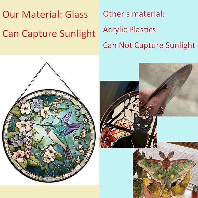 Hummingbirds and Flowers Pattern Stained Glass Suncatchers for Windows,Hanging Stained Glass Suncatcher,20cm/7.87inch Hand-Painted Sun Catcher Garden Painted Glass Panel Decor Themed Gift