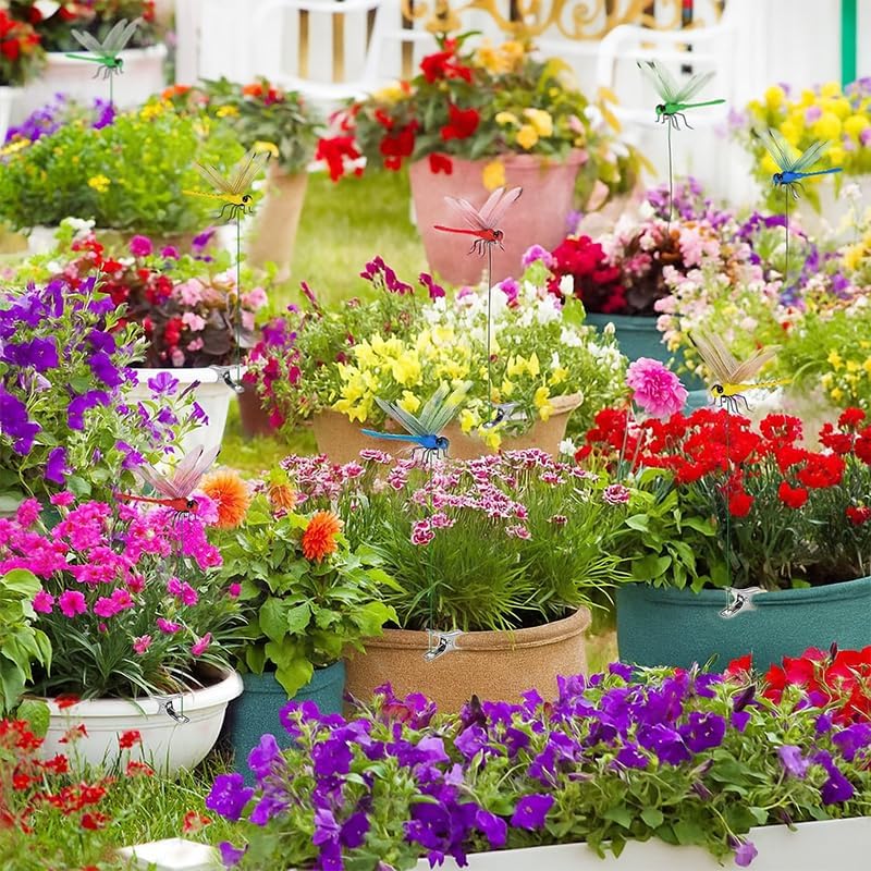 8PCS 3D Dragonfly Garden Decor Clips - Realistic Outdoor Insect Ornaments for Plants, Stakes & Fences | Fly Deterrent & Whimsical Yard Art