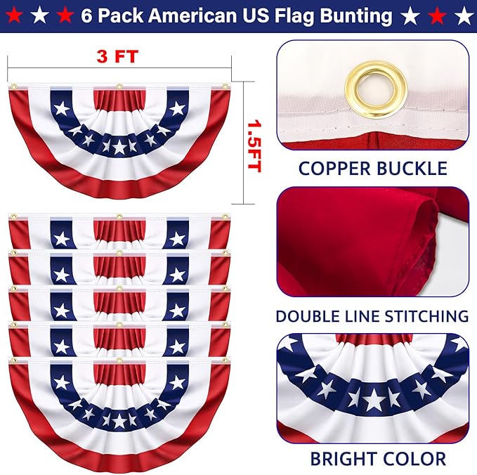 6 Pack USA Pleated Bunting Fan Flags, 1.5 x 3 Ft Patriotic Half Fan Banner American Flag Decoration Bunting for Outside Red White and Blue Decor Independence Day Memorial Day 4th of july Decorations