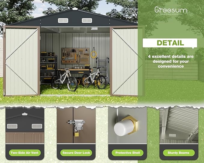Greesum 10x8FT Outdoor Storage Shed, Utility Tool Shed with Sloping Roof, Metal Storaged Garden Shed with Door & Lock for Patio Storage, Brown