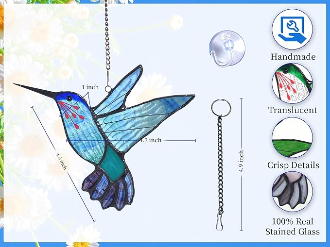 Lolitarcrafts Stained Glass Hummingbird Window Hangings with Flowers, Bird Stained Glass Suncatcher for Window Decor Hummingbird Gifts for Mom,Bird Lovers (Blue A)