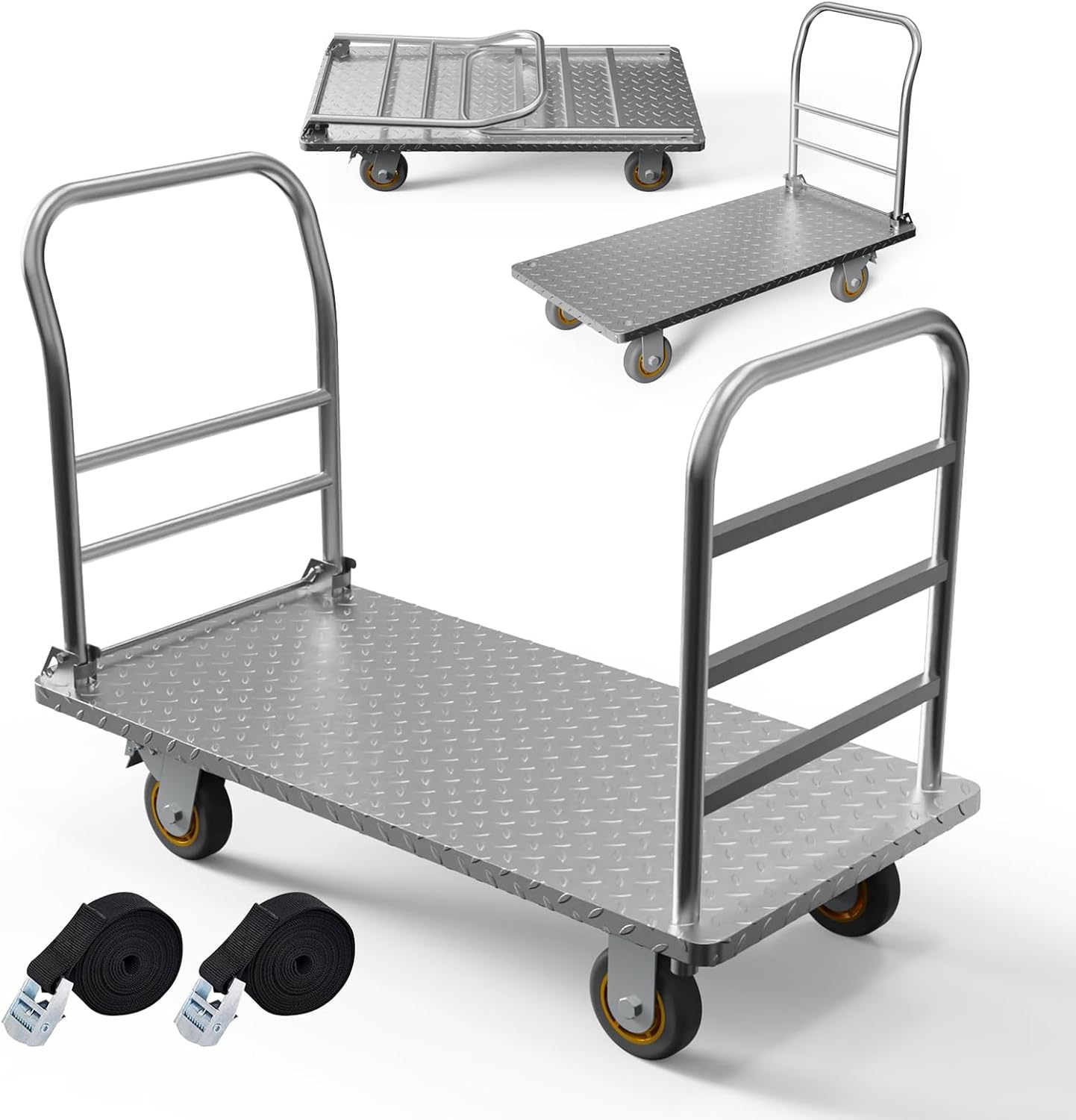 Platform Truck Cart with Detachable Baffle Guardrail,Heavy Duty 48x24 Inch Flatbed Cart with 2000 LBS Weight Capacity and 6In Swivel Caster Transporting Heavy Loads and Barrel with Ease & Efficiency
