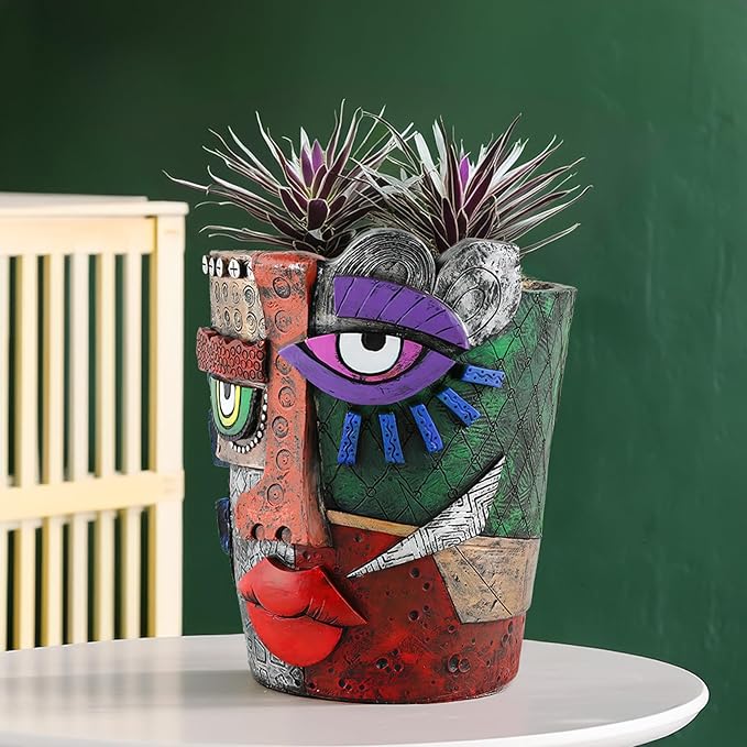 Picasso Brutalist Abstract Beauty Face Flower Pot Acolorful Art Resin Handmade Face Planters Pots Head for Home Art Decor Balcony Ornaments (Serious)