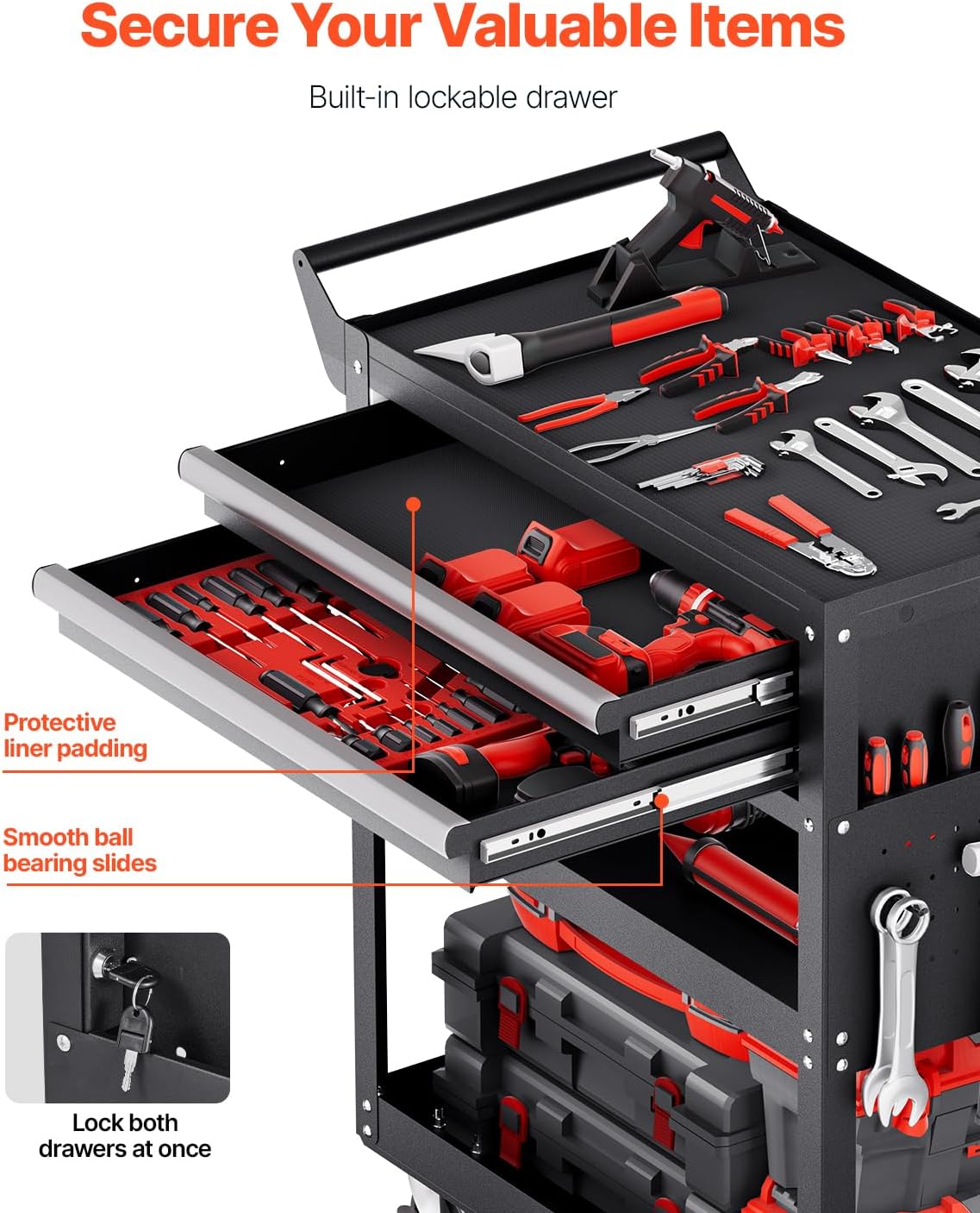 VEVOR 5-Tier Tool Cart with Wheels, 400 lbs Load Capacity, Rolling Work Cart with 2 Drawers & Pegboard, Mechanic Tool Storage Organizer with Locking System for Garage, Warehouse and Repair Shop, Black
