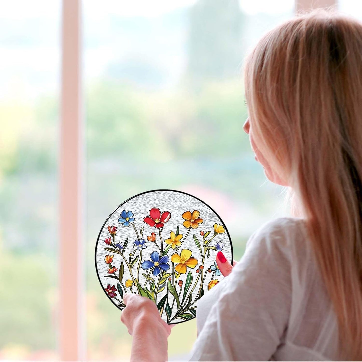 Flowers Sun Catcher Stained Glass Window Hanging Flower Decor Gifts for Women Wall Decor Handmade Sun Catcher Botanical Decoration for Home Garden Housewarming Gifts