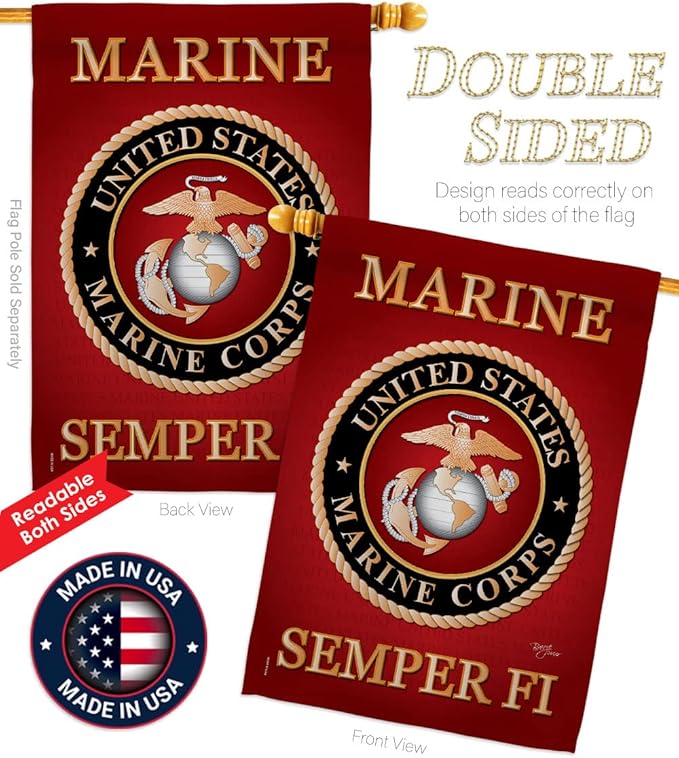 Marine Corps Garden House Flag - Set Armed Forces USMC Semper Fi United State American Military Veteran Retire Official - Decoration Banner Small Yard Gift Double-Sided Made In USA 28 X 40