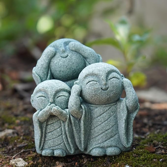 OwMell 3 Japanese Jizo Statue Stone Japanese Buddha Jizo Monk Statue Figurine Memorial Statue Aquarium Decoration Garden Outdoor Ornament 3"" - No Evil, Gray