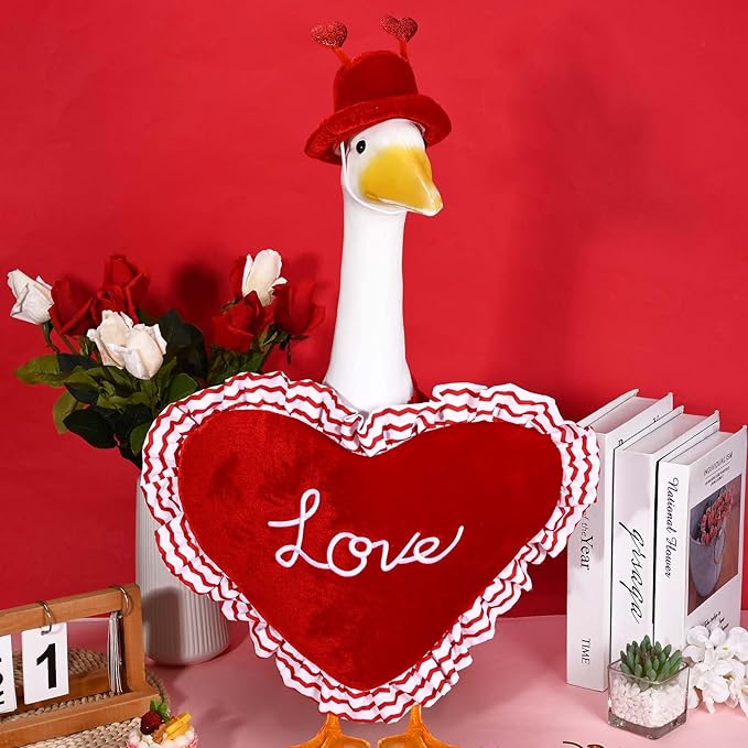 Valentine Goose Outfits Pink Heart Porch Goose Outfit Lawn Porch Goose Clothes Fits 23" Cement Plastic Goose Statue for Valentine's Day Outdoor Garden Yard Patio Art Decor (Red)