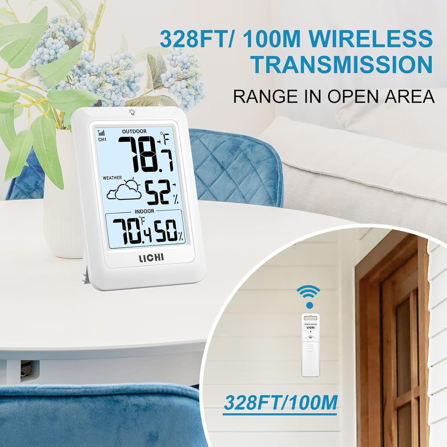 Indoor Outdoor Thermometer Wireless Weather Station, Internal External Thermometer Hygrometer, Home Batteryoperated Temperature Humiditymonitors330 Feet (About 100 Meters) Backlight Display (White)