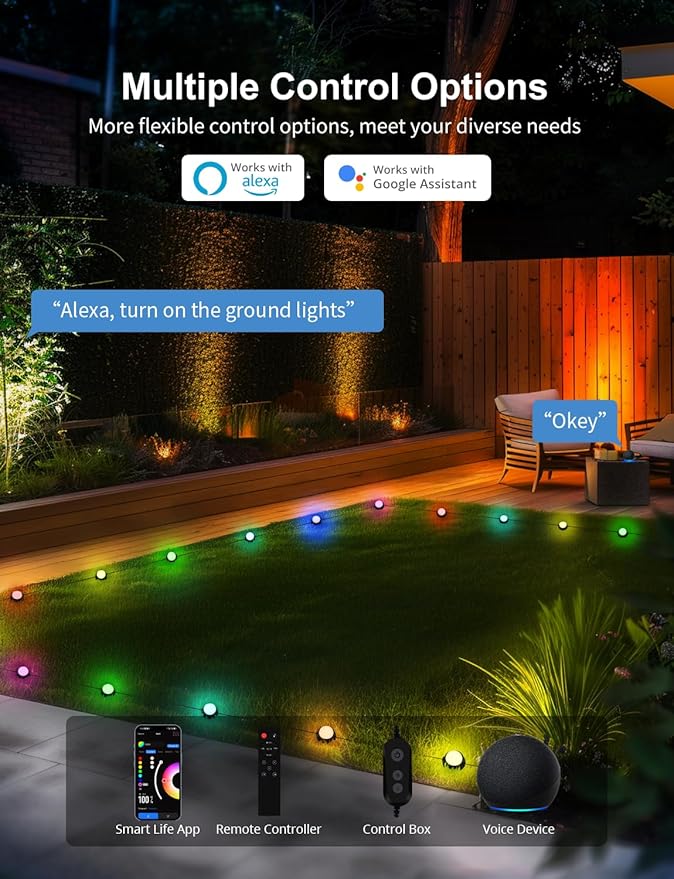 APPECK Smart Outdoor Ground Lights 15 Pack, 32FT RGBW Color Changing Pathway Lights Wired, IP65 Waterproof Landscape Lighting, for Path Yard Lawn Patio Holiday Party Decor, with App & Alexa Control