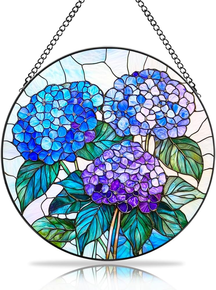 Handmade Hydrangea Flower Stained Glass Suncatcher - Vibrant Window Décor for Home/Garden,Gift-Ready Sun Catcher Art with Hook (Blue, 7.8 * 7.8IN)