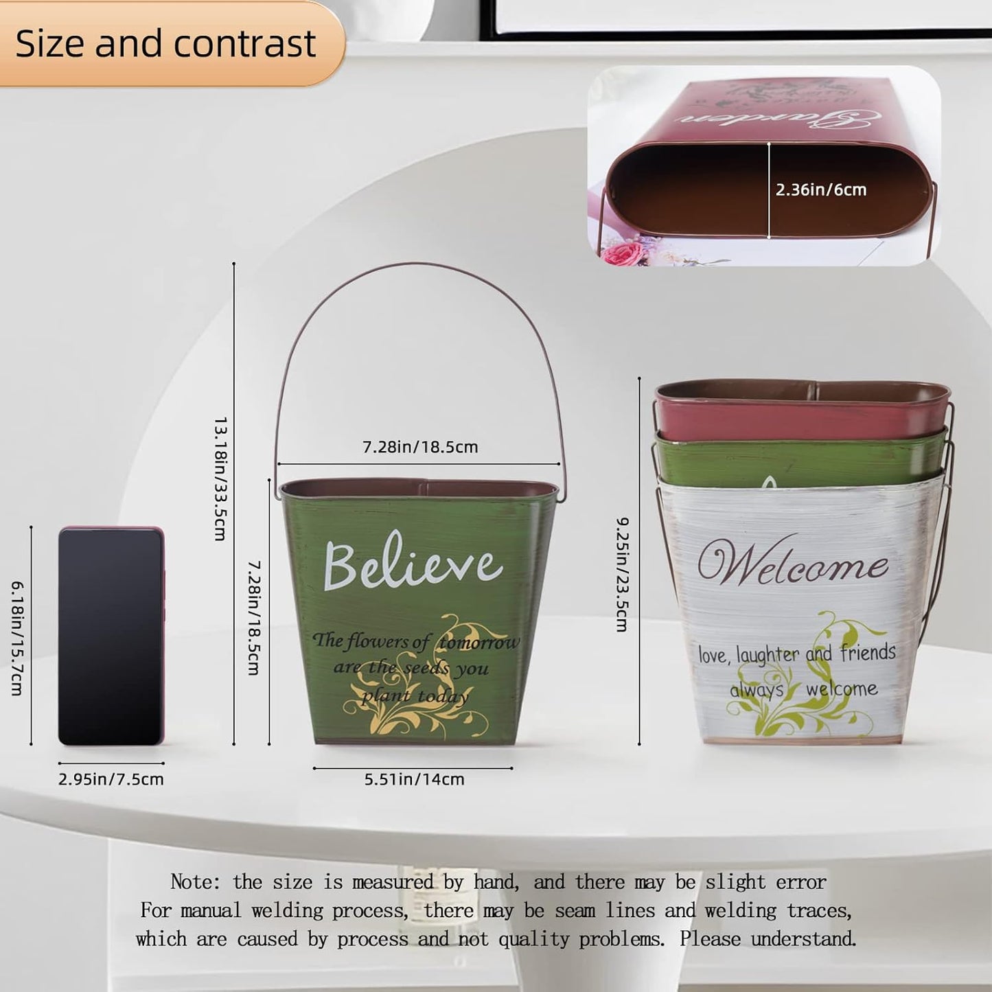 GDYOOSHOW 3Pcs 7.4" Tall Galvanized Metal Hanging Planter Rustic Wall Flower Bucket Echelon Wall Pot for Garden Balcony Indoor or Outdoor