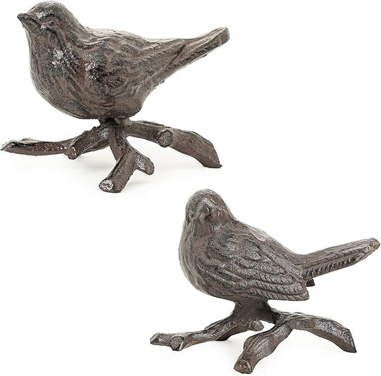 Sungmor Cast Iron Small Bird Statues, Set of 2 Realistic Rust Brown Bird with Branch Collectible Figurines, Farmhouse Home Garden Decorative Sculpture, Indoor and Outdoor Ornaments